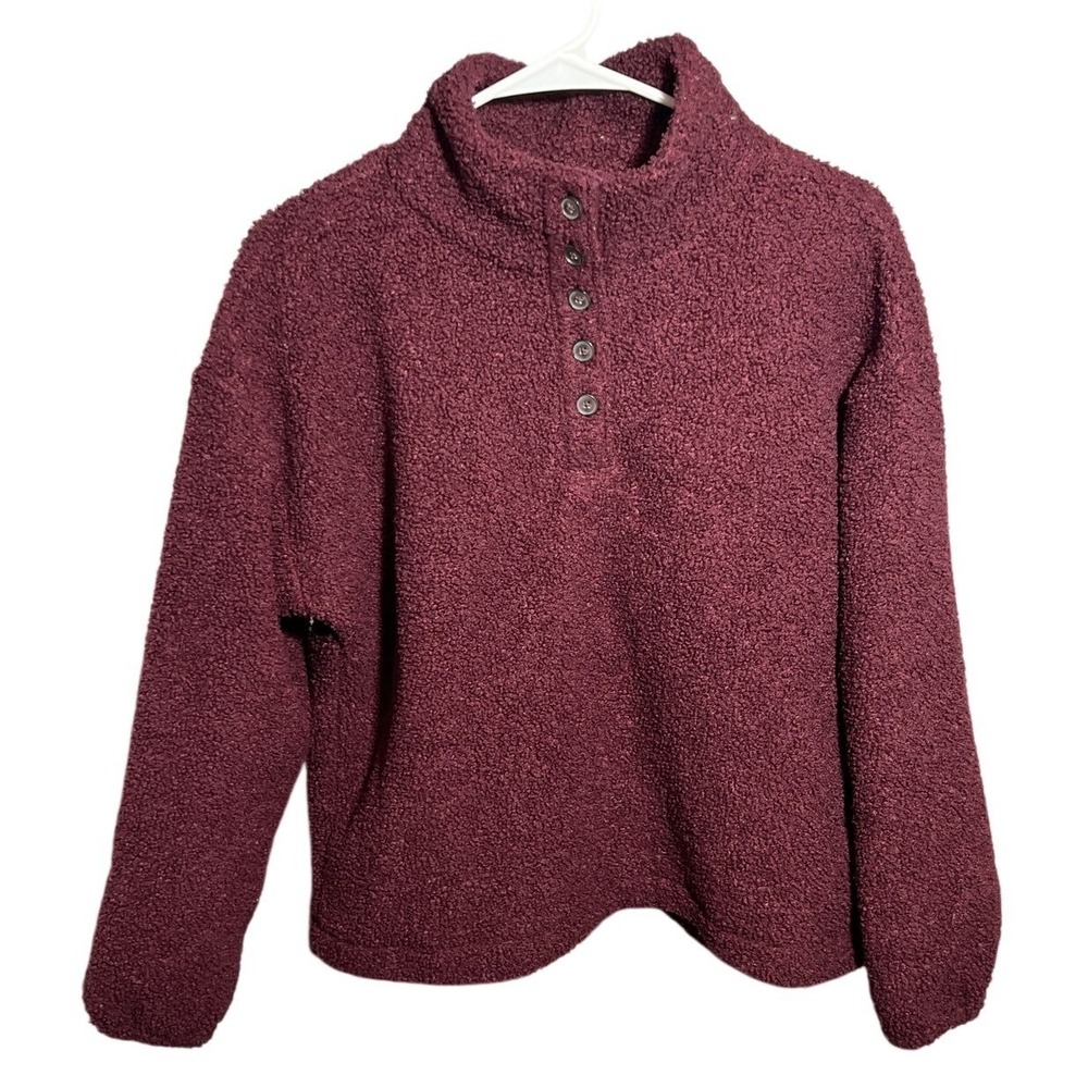 LOFT OUTLET Petite MP Maroon Burgundy Fleece Sherpa Button Mock Neck Pullover